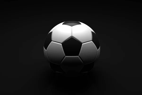 Pallone da calcio su sfondo nero. Illustrazione 3D — Foto Stock