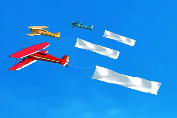 Flying airplane and banner on blue sky. 3D illustration — Stock Photo, Image