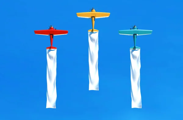 Fliegendes Flugzeug und Banner am blauen Himmel. 3D-Illustration — Stockfoto