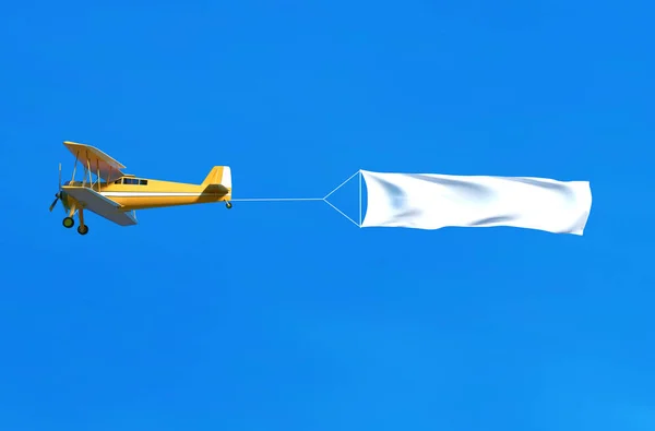 Avión volador y estandarte en el cielo azul. Ilustración 3D — Foto de Stock