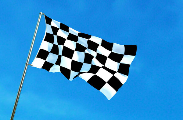 Checkered flag waving on the blue sky background. 3D illustration