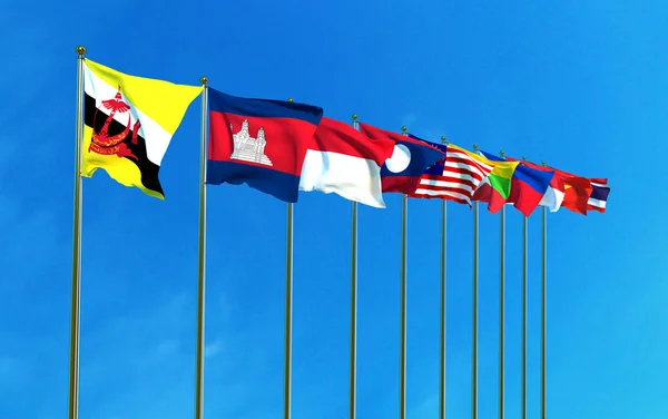 Drapeaux de la Communauté économique de l'ASEAN sur le fond bleu du ciel. Illustration 3D — Photo