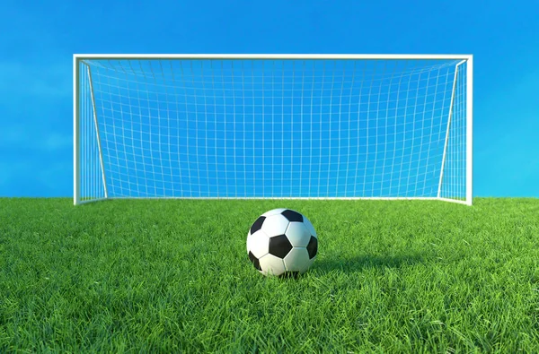Fußball auf grünem Rasen, Fußballtor und Ball. 3D-Illustration — Stockfoto