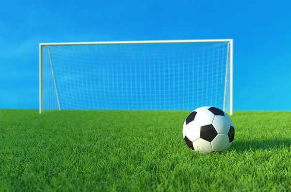 Bola de futebol na grama verde, Objetivo de futebol e bola. Ilustração 3D — Fotografia de Stock