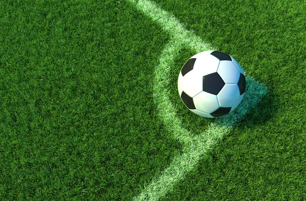 Pallone da calcio su erba verde, Angolo del campo di calcio .3D illustrazione — Foto Stock