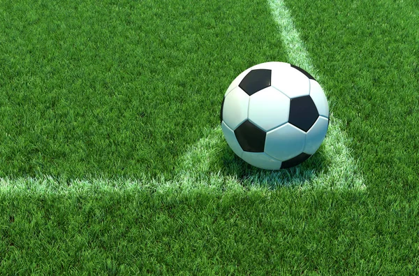 Bola de futebol na grama verde, Canto do campo de futebol ilustração .3D — Fotografia de Stock