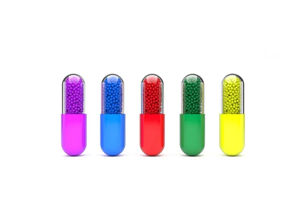 Ilustração 3D Colorido de pílulas médicas em fundo branco . — Fotografia de Stock