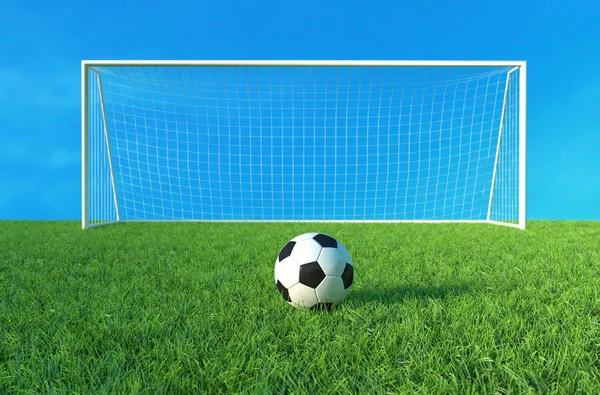 Soccer ball on green grass, Football Goal and ball. 3D illustration — Stock Photo, Image