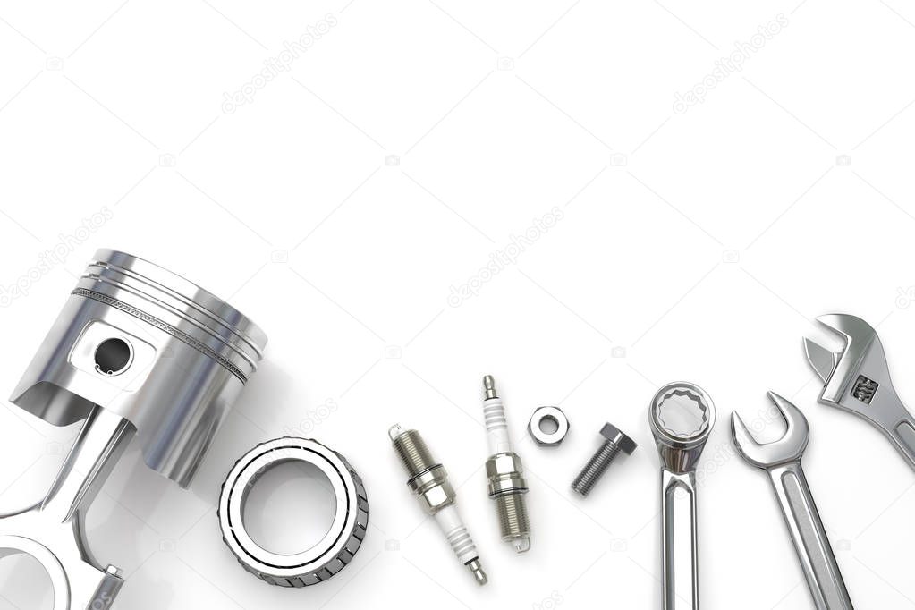 Set fo Tools  on white background, Engine pistons, Working tools. 3D illustration