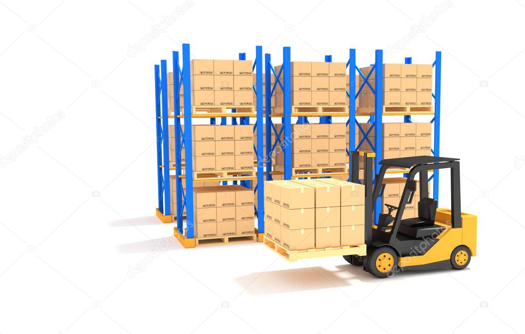 Forklift with Pallet rack.3D Illustration