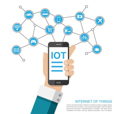 Internet of Things konsepti ile akıllı telefon tutarak el, vektör