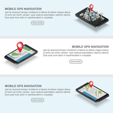 Mobile Gps navigasyon afiş kavramı, şehir harita uygulaması ve marker PIN işaretçi, vektör ile Smartphone