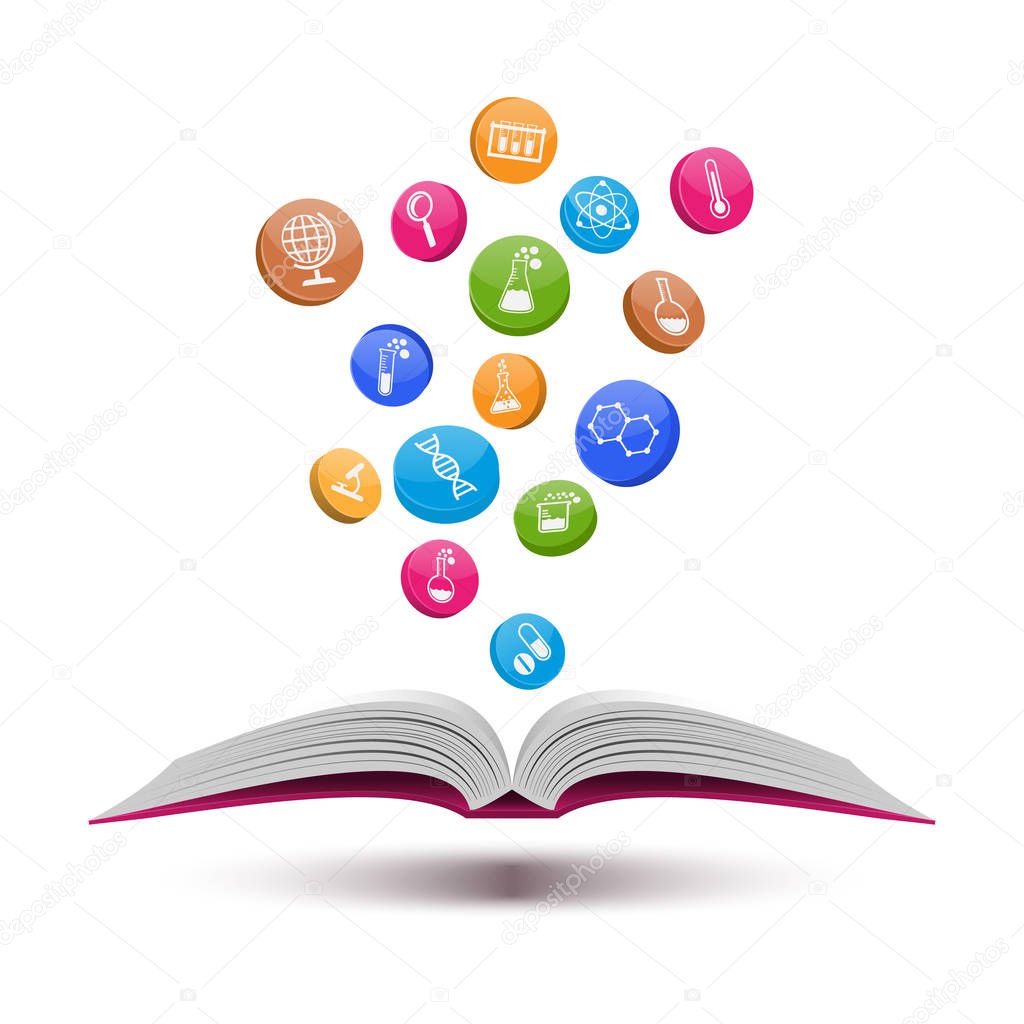 Open Book with set of science and chemistry icons, vector