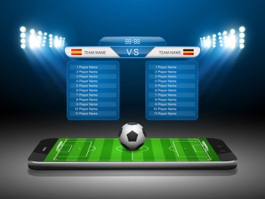 Futbol Online kavramı, smartphone, vektör çizim üzerinde futbol sahası