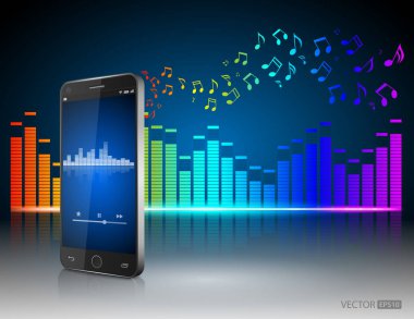 Müzik notlar, dijital ekolayzer, vektör ile Smartphone