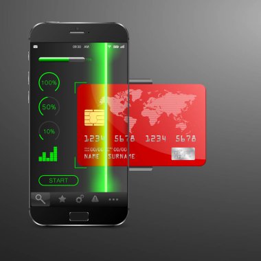Mobil ödeme kavramı. Kredi kartı ile modern cep telefonu. Vektör çizim