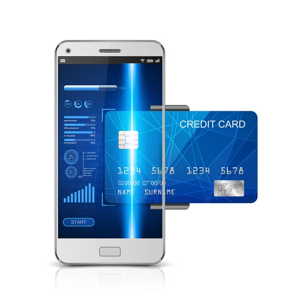 Mobil betalning koncept, Smartphone med hantering av mobila betalningar från kreditkort — Stock vektor