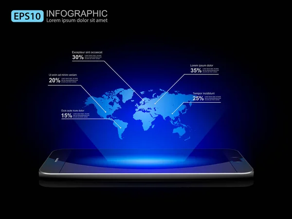 Smartphone met holografische wereldkaart, vector — Stockvector