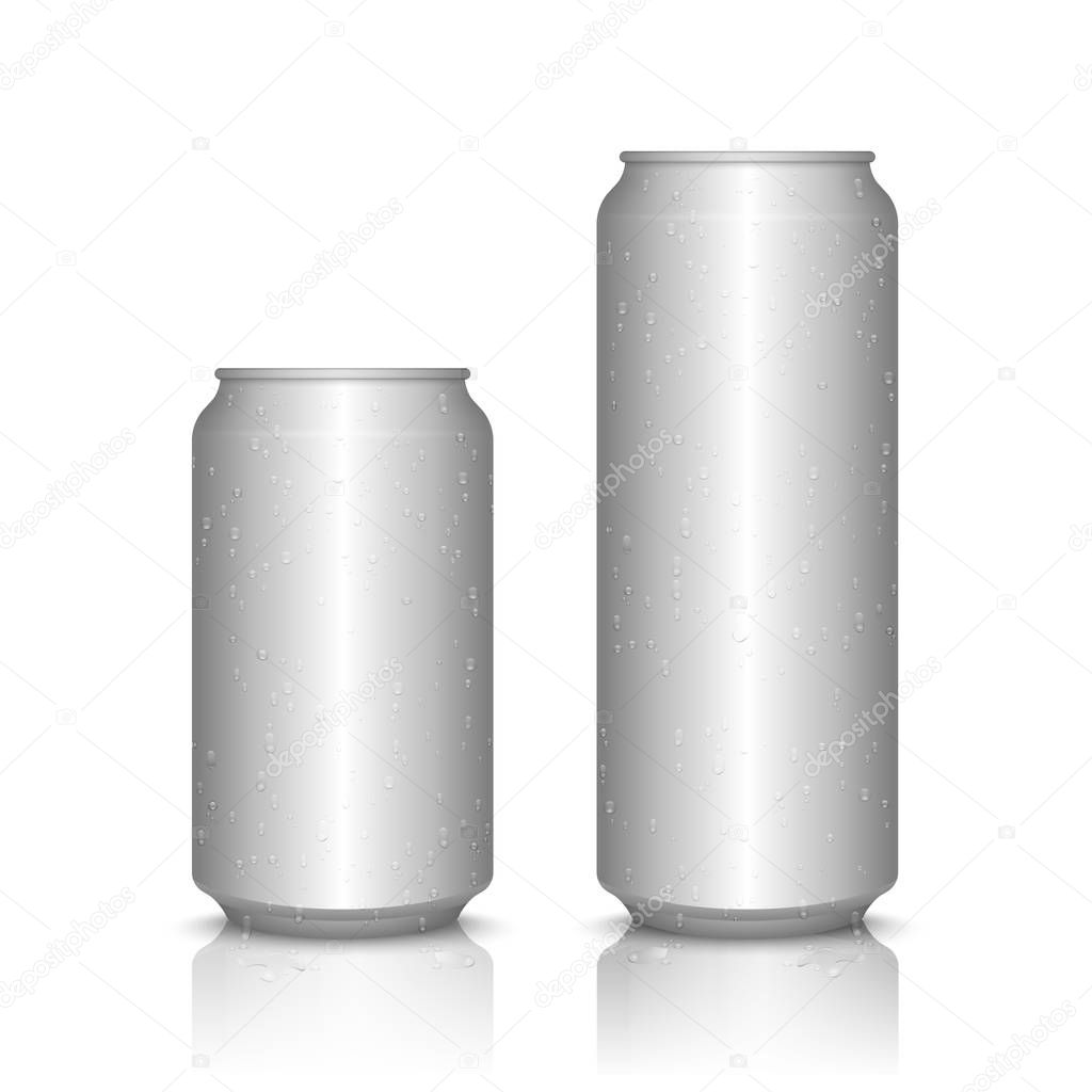Aluminum cans isolated on white with water drops, vector