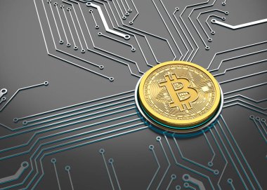 Bitcoin kavramı, bir devre kartı üzerinde altın sikke. 3D çizim