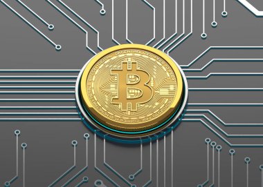 Bitcoin kavramı, bir devre kartı üzerinde altın sikke. 3D çizim