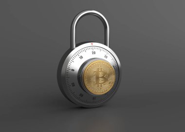 Bitcoin kavramı, şifreli kilit ile altın madeni para. 3D çizim