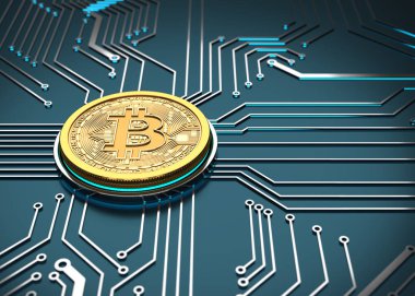 Bitcoin kavramı, bir devre kartı üzerinde altın sikke. 3D çizim