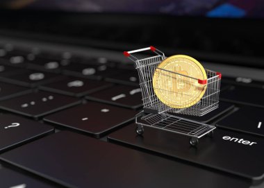 Alışveriş sepeti ve altın sikke bilgisayar klavye, Bitcoin kavramı üzerinde. 3D çizim