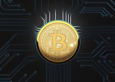 Bitcoin kavramı, bir devre kartı üzerinde altın sikke. 3D çizim