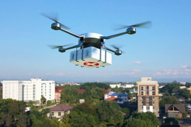 Şehrin acil tıbbi bakım kavramı üzerinde uçan ilk yardım kiti ile robot. 3D çizim