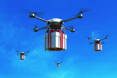 Mavi gökyüzü üzerinde beyaz hediye kutusu ile robot. 3D çizim