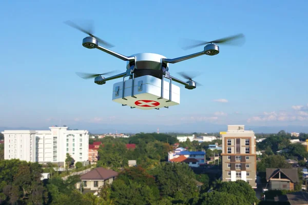 Şehrin acil tıbbi bakım kavramı üzerinde uçan ilk yardım kiti ile robot. 3D çizim
