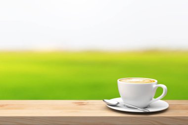 Ahşap masa üzerinde üzerinde kahve fincanı yeşil doğa arka plan bulanıklık. 3D çizim