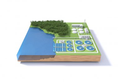 Atıksu arıtma tesisi kavramı. 3D çizim