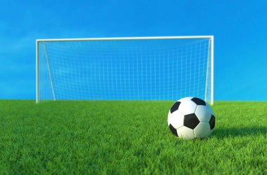 Yeşil çimenlerin üzerinde futbol topu. 3D çizim