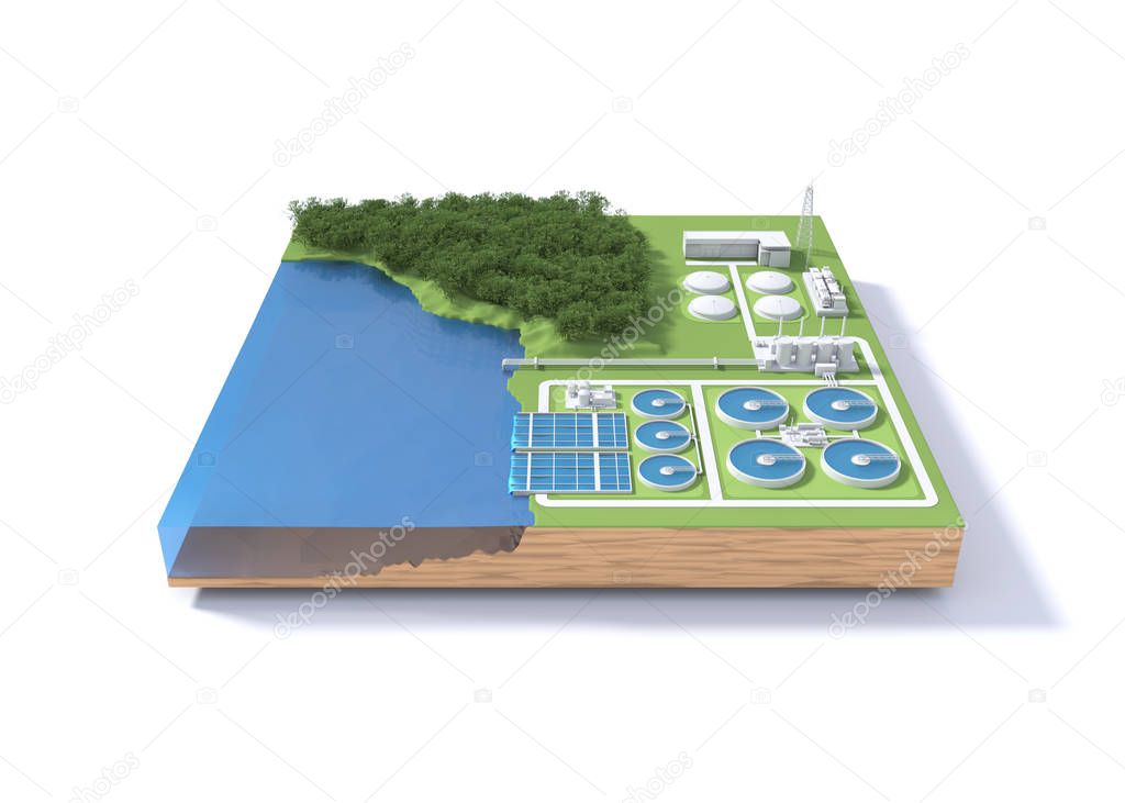 Wastewater treatment plant concept. 3D illustration