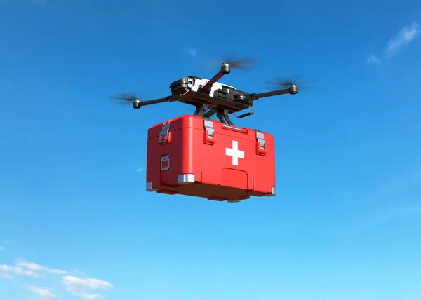 Drone con kit di pronto soccorso su cielo blu, Pronto Soccorso — Foto Stock