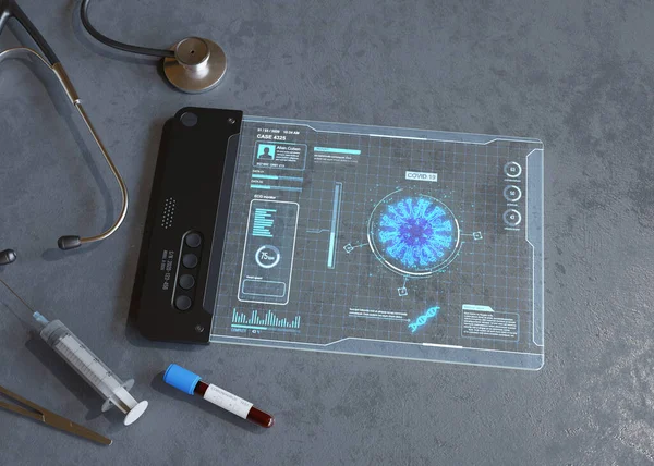 Tableta Con Pantalla Hud Futurista Concepto Coronavirus — Foto de Stock