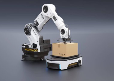 Robot kol AGV 'ye giden kutuyu alıyor..