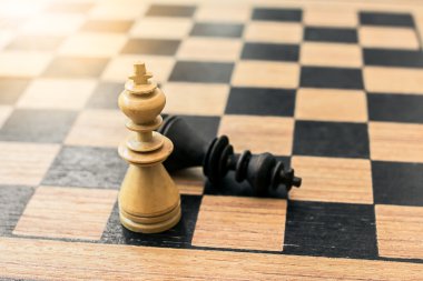 Kahverengi satranç kralı satranç tahtasında dururken, siyah satranç kralı yerde yatıyor.