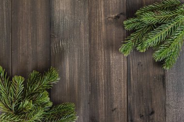 Koyu kırsal ahşap arka planda köknar ağacı dalları ve metin için kopya alanı