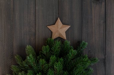Yılbaşı ağacı dalları ve kağıt yıldız süsü koyu kırsal ahşap arka planda metin için kopya alanı ile