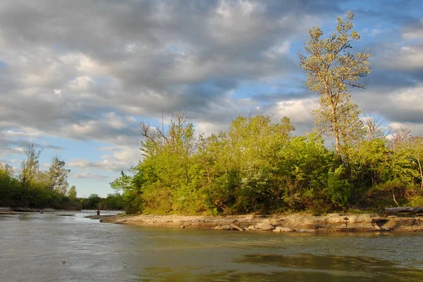 Rio Floresta Borda Pôr Sol Rio Urup Paisagem Primavera — Fotografia de Stock