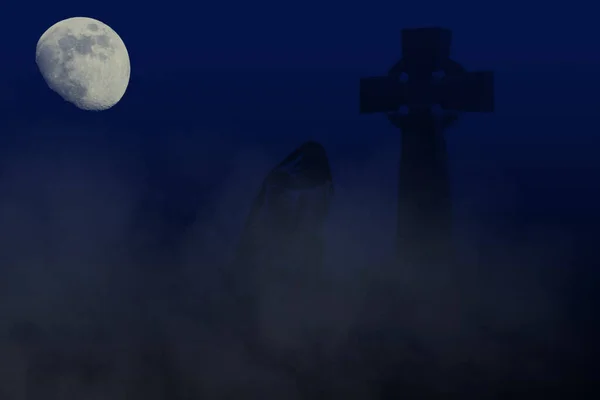 llustration in Gothic style mysterious visitor to the cemetery at night, when the full moon hangs high, and the grass creeps ominous fog