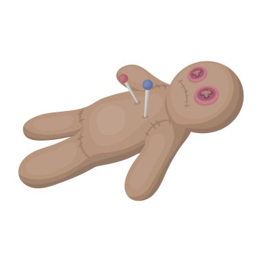 Vudu bebeği simgesi beyaz arka plan üzerinde izole karikatür tarzı. Siyah ve beyaz sihirli sembol stok vektör çizim.