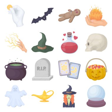 Siyah beyaz büyü çizgi film tarzında simgeleri ayarlayın. Siyah beyaz sihirli vektör illüstrasyon sembolü büyük koleksiyonu.