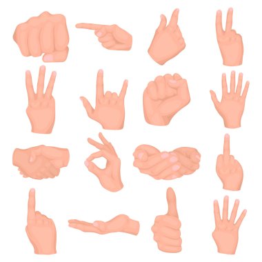 El hareketleri çizgi film stilinde simgeleri ayarlar. El hareketleri vektör illüstrasyon sembolü büyük koleksiyonu.