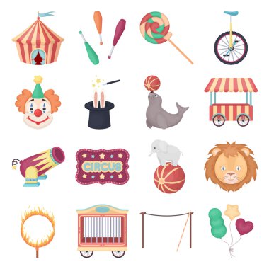 Sirk çizgi film tarzında simgeleri ayarlayın. Sirk vektör illüstrasyon sembolü büyük koleksiyonu.