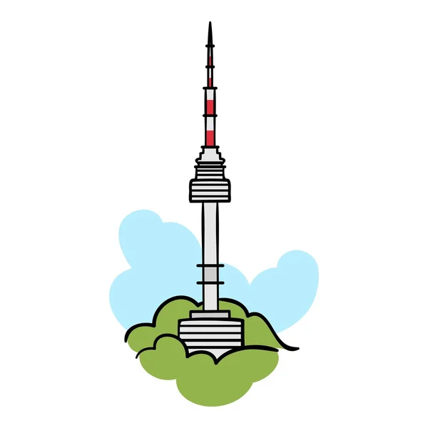 서울 타워는 흰색 배경에 고립 된 만화 스타일에서 아이콘. 한국 상징 주식 벡터 일러스트 레이 션. — 스톡 벡터