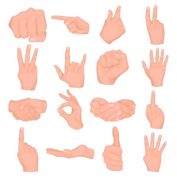 Ruční gesta nastavují ikony v kresleném stylu. Velký výběr ručních gest vektorový symbol. — Stockový vektor